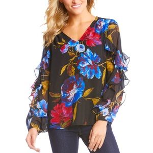 Karen Kane Womens Ruffle Sleeve Pullover Black Floral Blouse Top BoHo Med NWOT